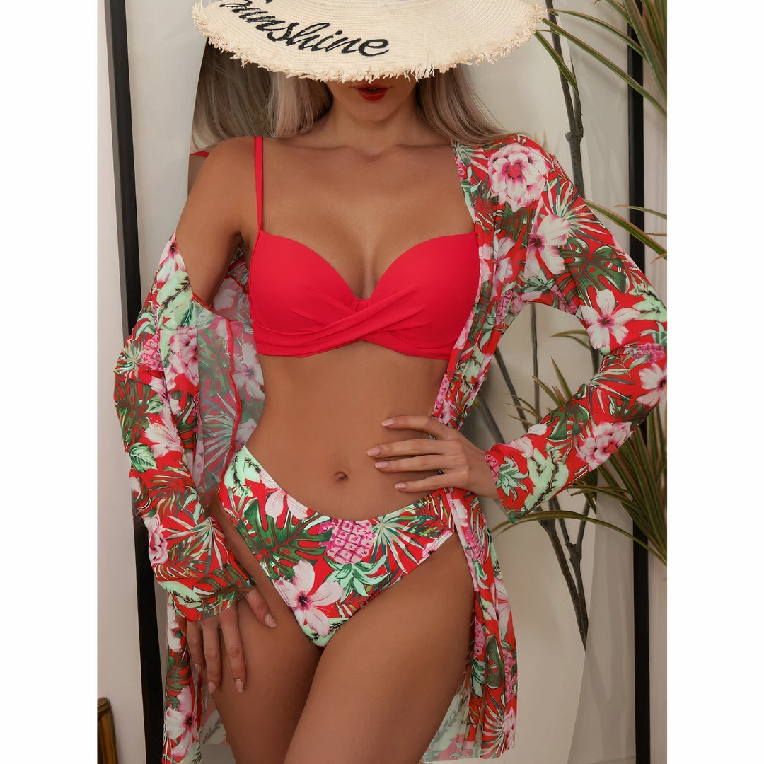 Set bikini donna 3 pezzi con motivo tropicale – Include cardigan, top bikini e pantaloni per estate e spiaggia