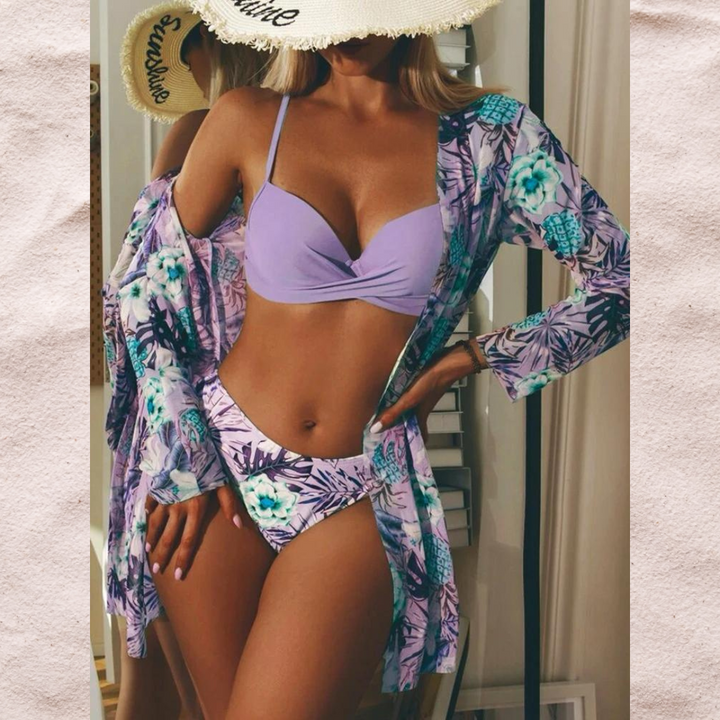 Set bikini donna 3 pezzi con motivo tropicale – Include cardigan, top bikini e pantaloni per estate e spiaggia