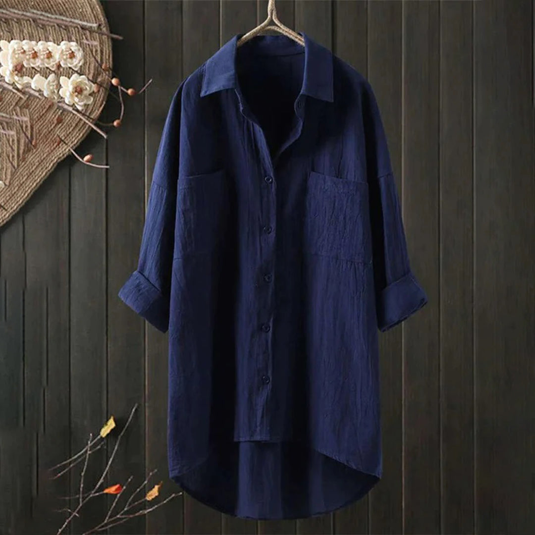 Camicia oversize da donna – Camicia di lino ampia con tasche sul petto e taglio asimmetrico