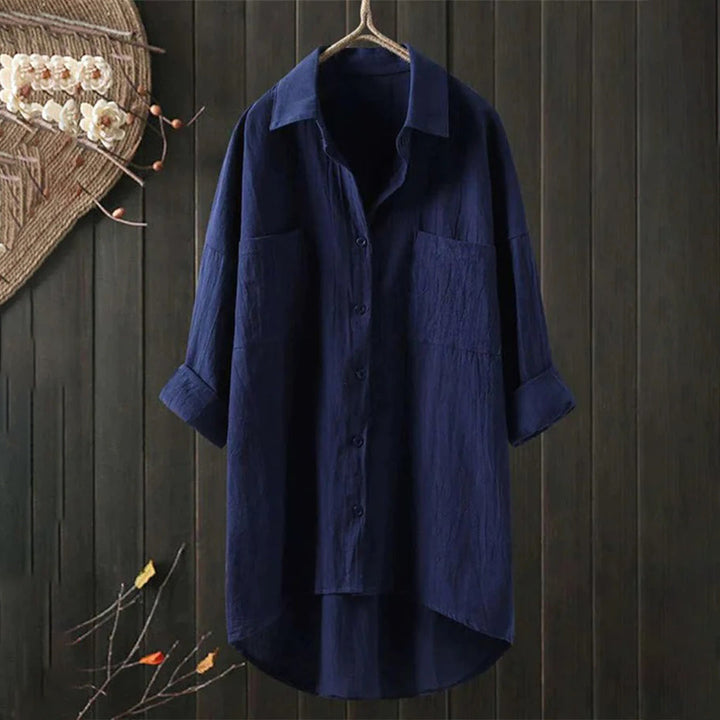 Camicia oversize da donna – Camicia di lino ampia con tasche sul petto e taglio asimmetrico