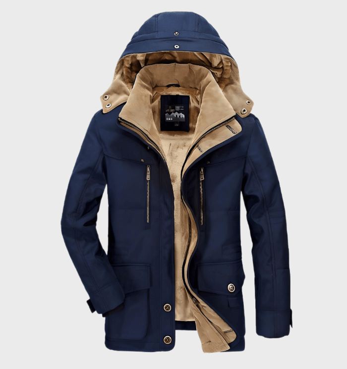 Thick winter jacket for men with hood and deep pockets