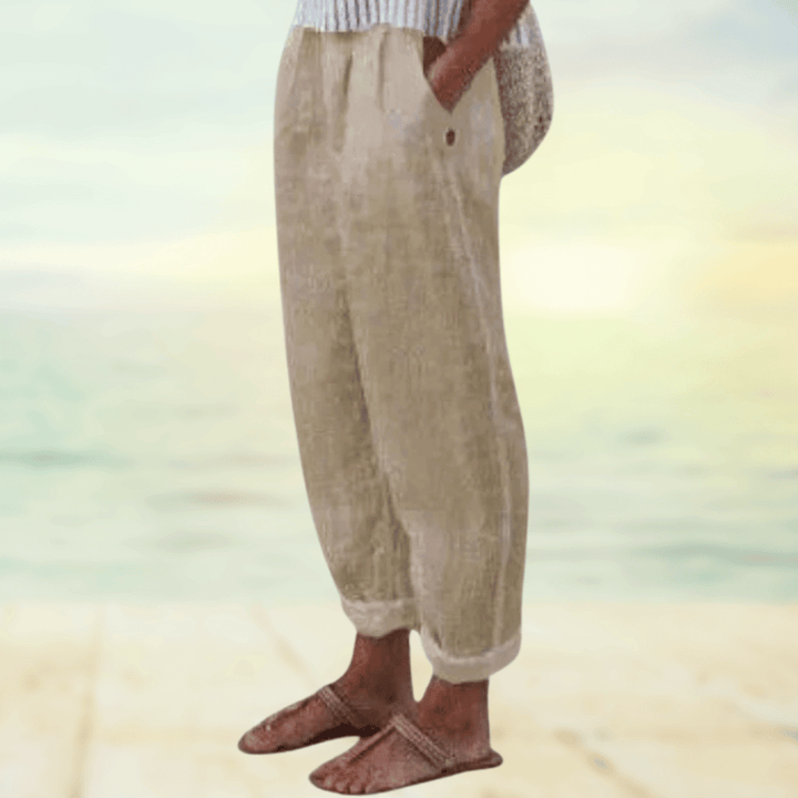 Pantalon en lin coupe décontractée pour femmes – pantalon d'été avec ceinture élastique et poches pour loisirs, vacances et plage