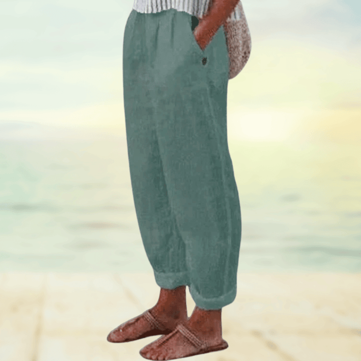 Pantalon en lin coupe décontractée pour femmes – pantalon d'été avec ceinture élastique et poches pour loisirs, vacances et plage