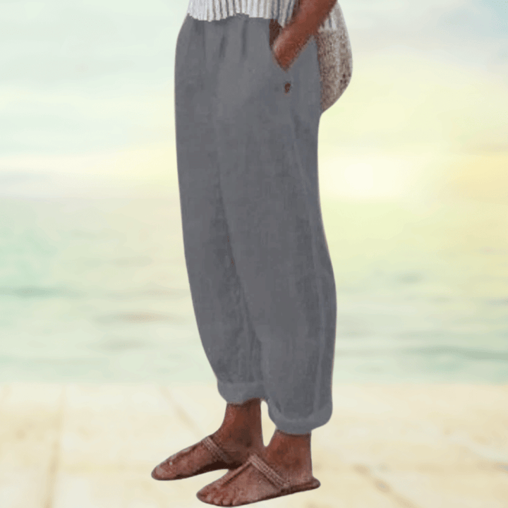 Pantalon en lin coupe décontractée pour femmes – pantalon d'été avec ceinture élastique et poches pour loisirs, vacances et plage