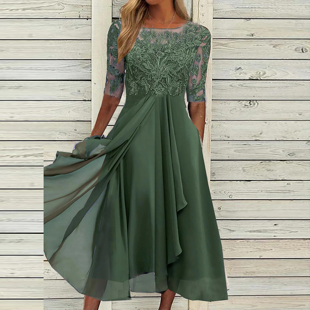 Elegante vestito a-linea da donna – lunghezza al ginocchio con corpetto in pizzo e gonna fluente in chiffon