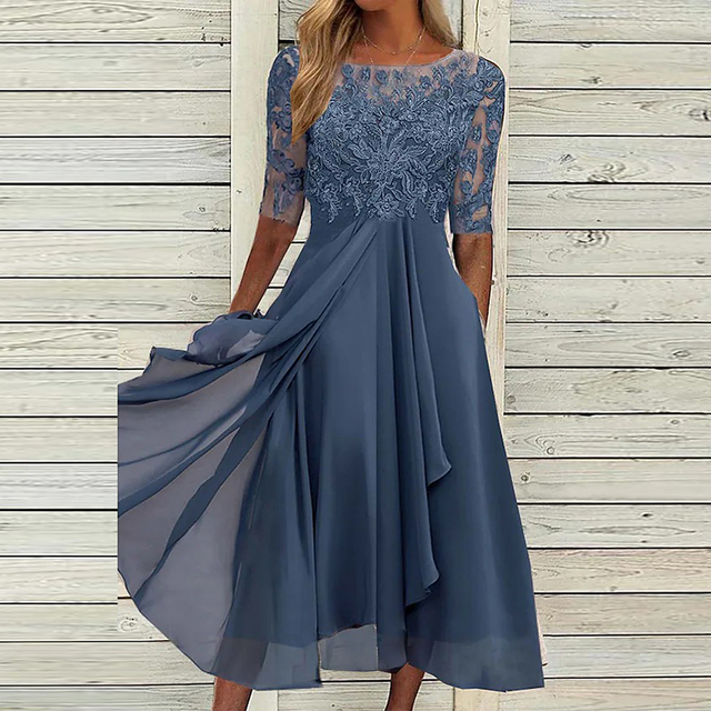 Elegante vestito a-linea da donna – lunghezza al ginocchio con corpetto in pizzo e gonna fluente in chiffon