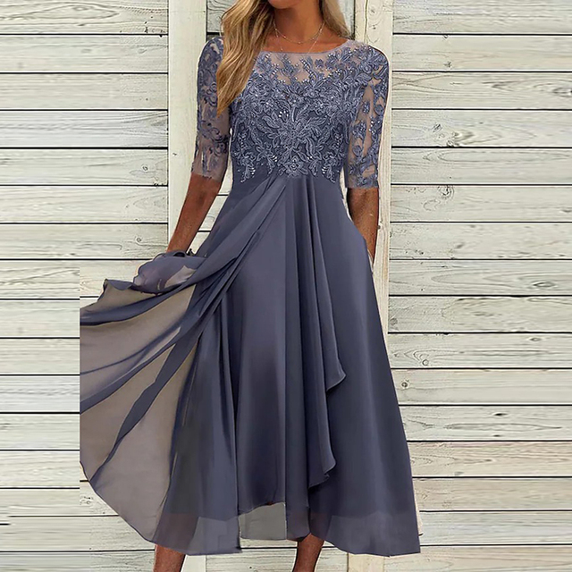Elegante abito da sera festivo per donna con pizzo floreale, maniche semitrasparenti e gonna in chiffon fluente a lunghezza midi