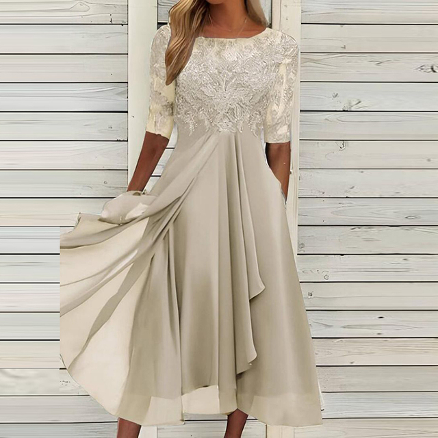 Elegante abito da sera festivo per donna con pizzo floreale, maniche semitrasparenti e gonna in chiffon fluente a lunghezza midi