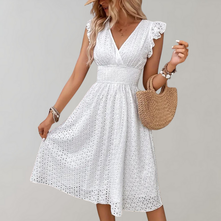 Vestito estivo bianco da donna – Abito senza maniche con ricamo a occhielli e scollo a V per spiaggia e uso quotidiano