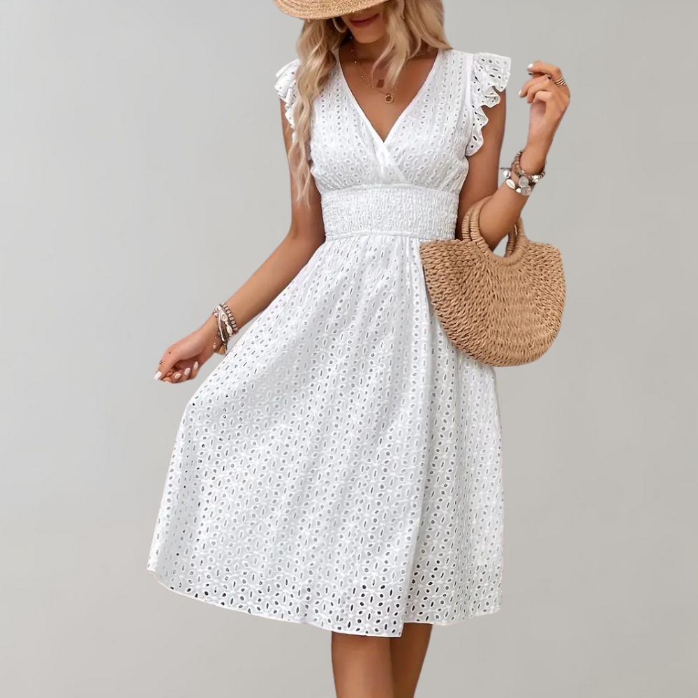 Vestito estivo bianco da donna – Abito senza maniche con ricamo a occhielli e scollo a V per spiaggia e uso quotidiano