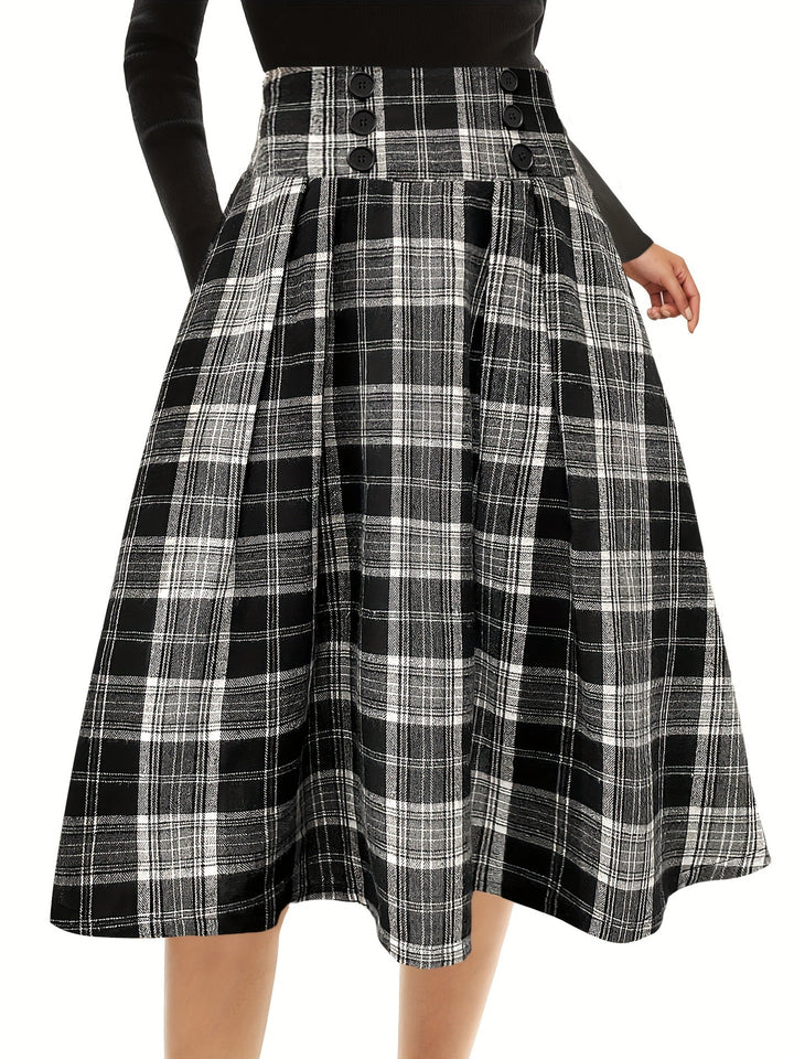 Gonna midi a quadri da donna con vita alta e bottoni decorativi
