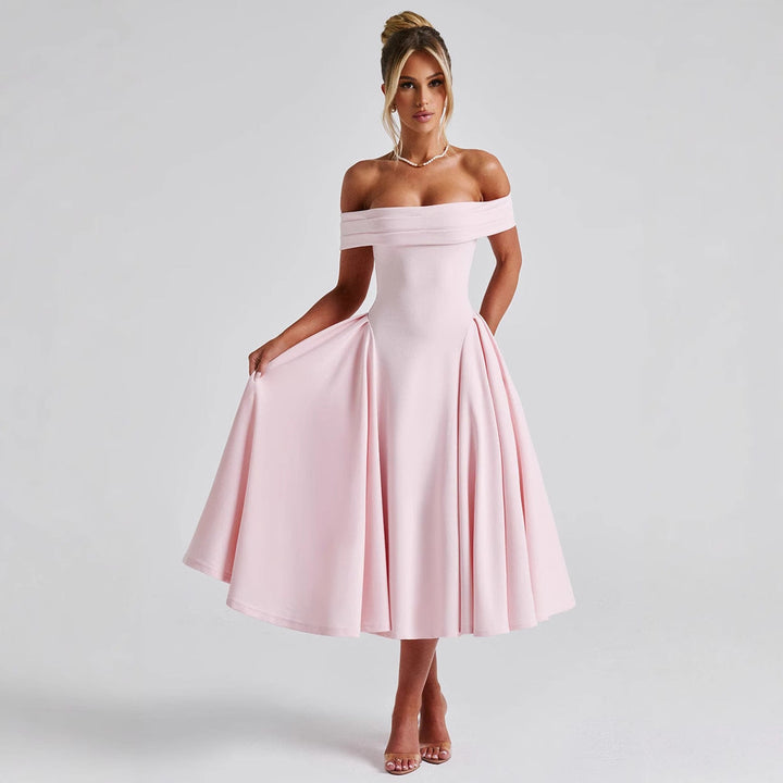 Robe midi femme élégance – épaules dénudées, coupe trapèze, tissu structuré