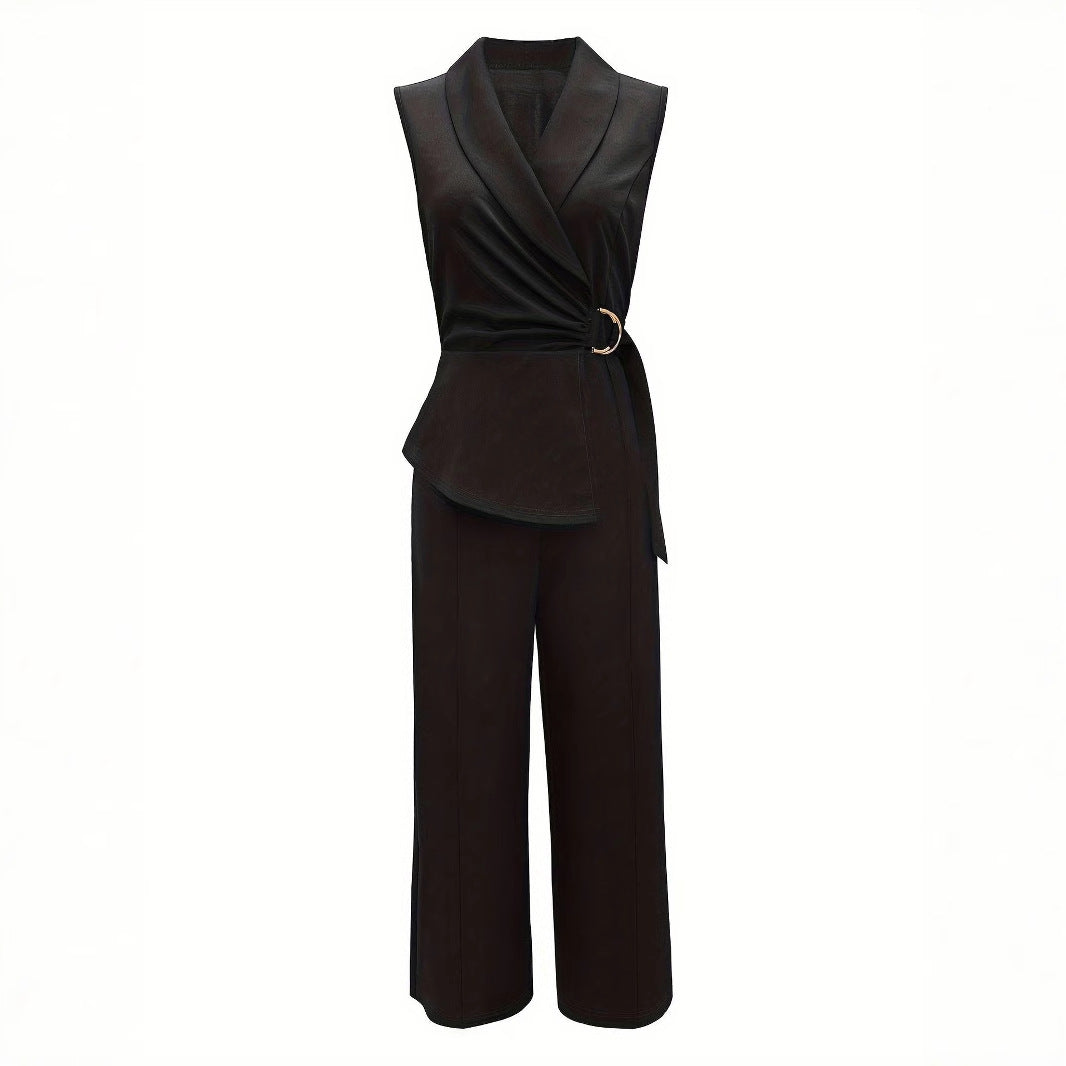 Top avvolgente elegante da donna con pantaloni a gamba larga
