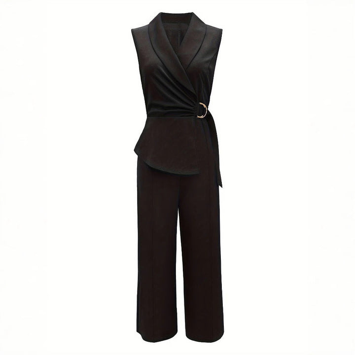 Top avvolgente elegante da donna con pantaloni a gamba larga