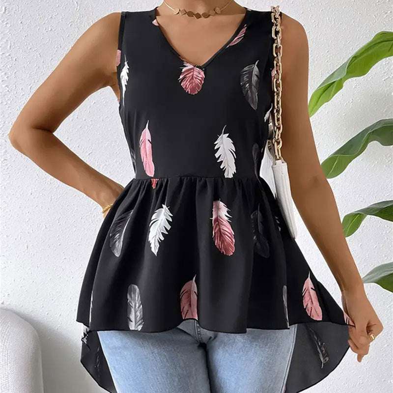 Camicia da donna leggera con scollo a V e stampa di piume – Leggera, traspirante e versatile