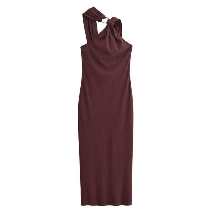 Abito lungo da donna con design moderno a incrocio e dettagli eleganti sulle spalline