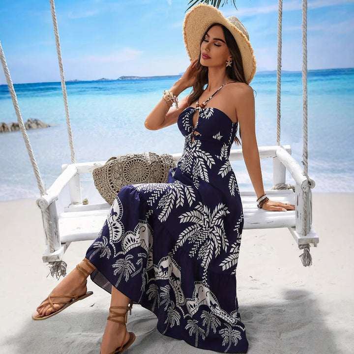Robe maxi femme avec décolleté en V sophistiqué et imprimé palmier ludique