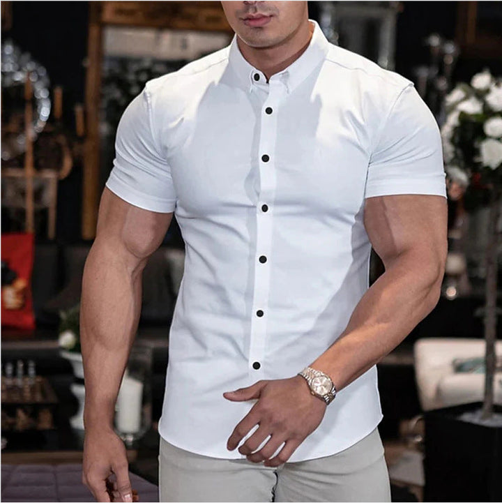 Men's Muscle Fit Short Sleeve Shirt with Stretch – Slim Fit Business Shirt for Fitness & Leisure
