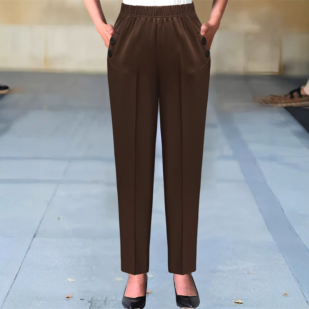 Pantaloni eleganti da donna a vita alta con dettagli decorativi a bottoni