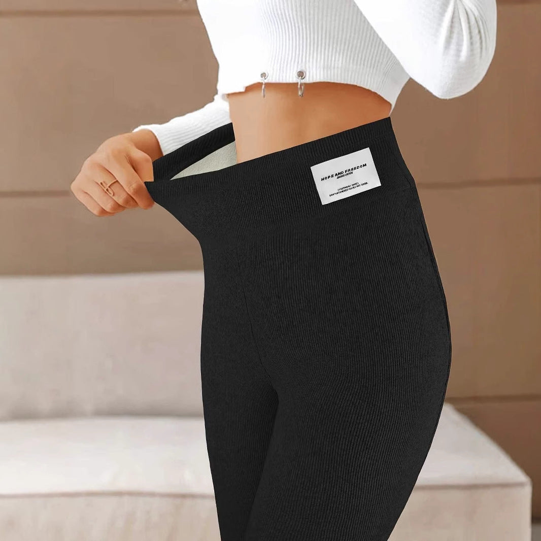 Leggings a coste di alta qualità da donna con vita alta e design decorativo