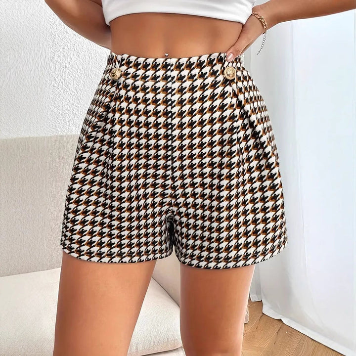 Shorts a vita alta a quadri da donna con dettagli a bottoni