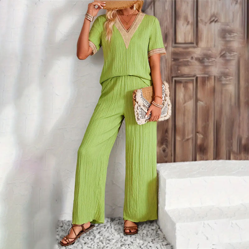 Elegante outfit da donna con decorazioni in pizzo – Top casual e pantaloni comodi per ogni occasione