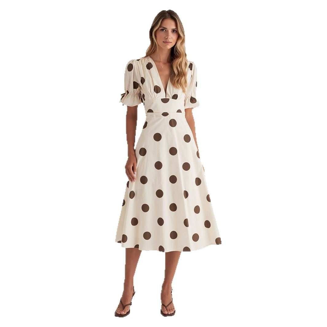 Abito midi da donna con scollo a V femminile e maniche a sbuffo arricciate