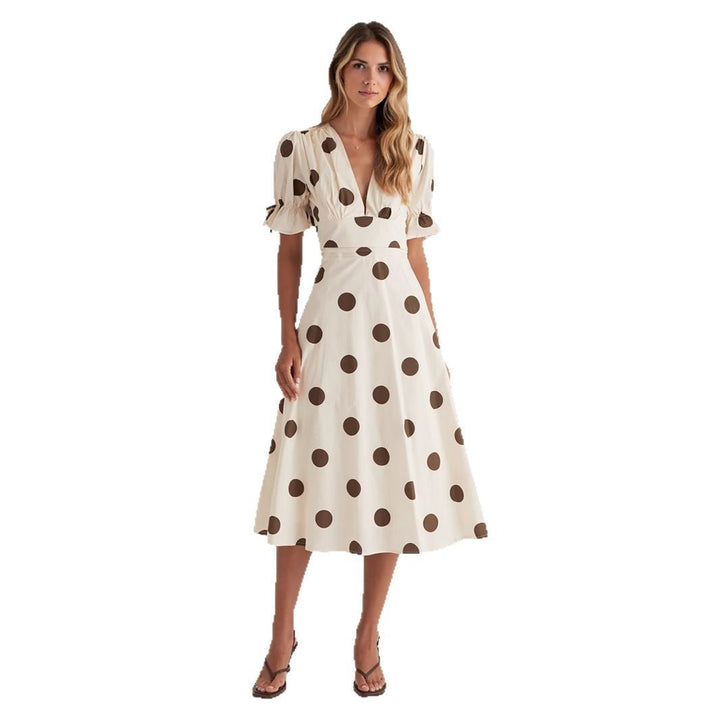 Abito midi da donna con scollo a V femminile e maniche a sbuffo arricciate