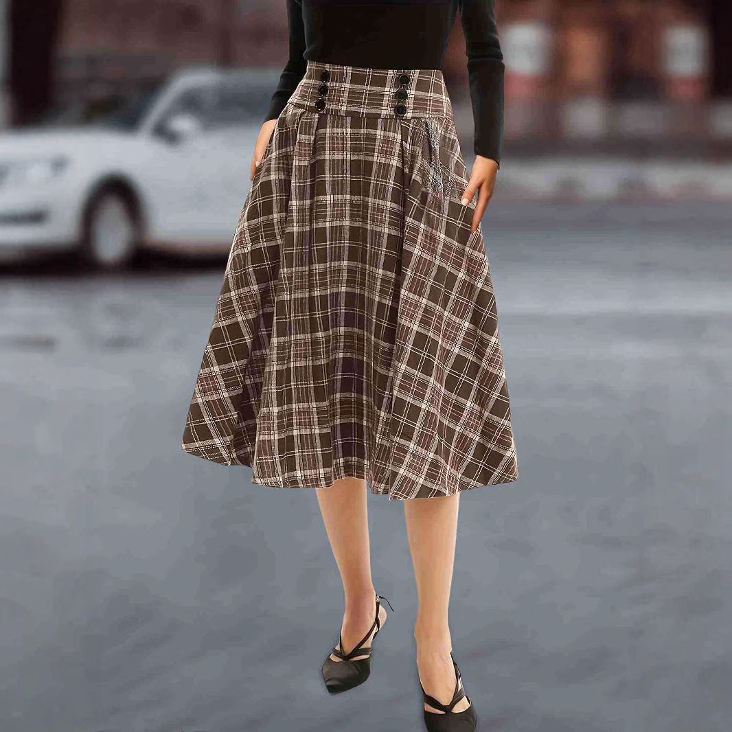 Gonna midi a quadri da donna con vita alta e bottoni decorativi