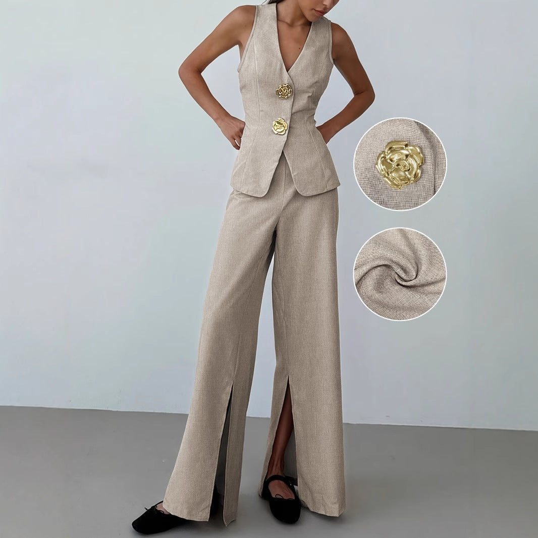 Ensemble elegante da donna composto da blazer senza maniche e pantaloni ampi