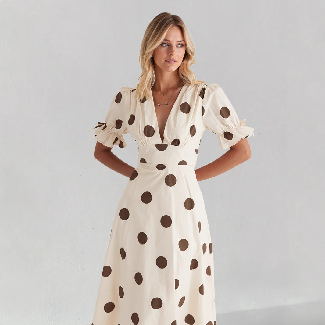 Abito midi da donna con scollo a V femminile e maniche a sbuffo arricciate