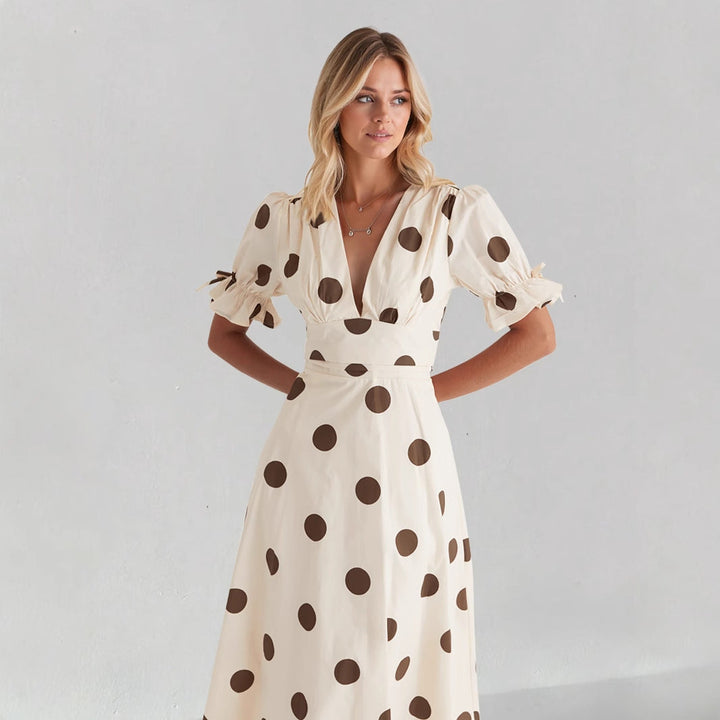 Abito midi da donna con scollo a V femminile e maniche a sbuffo arricciate