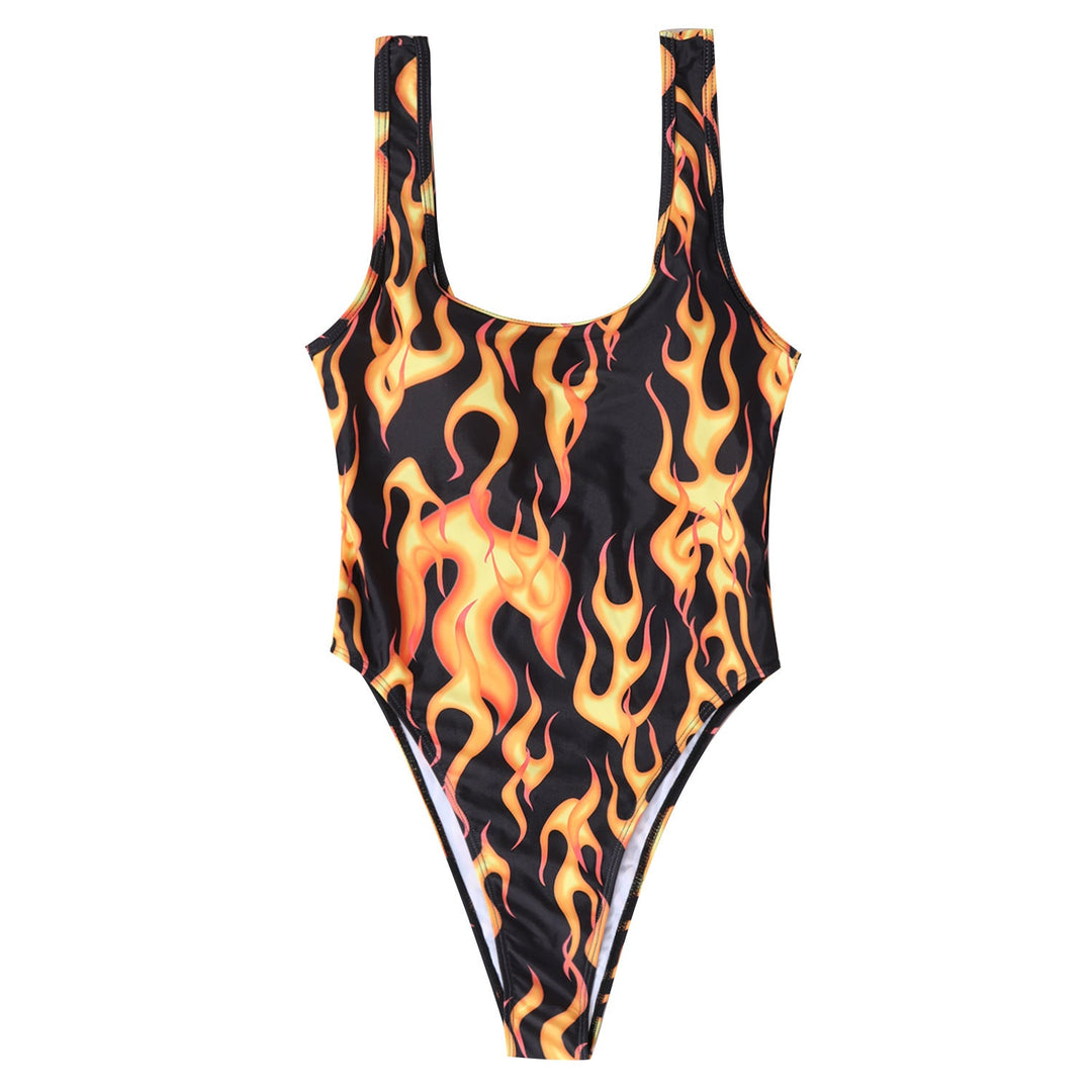 Women's one-piece swimsuit with exciting flame pattern and high leg cut