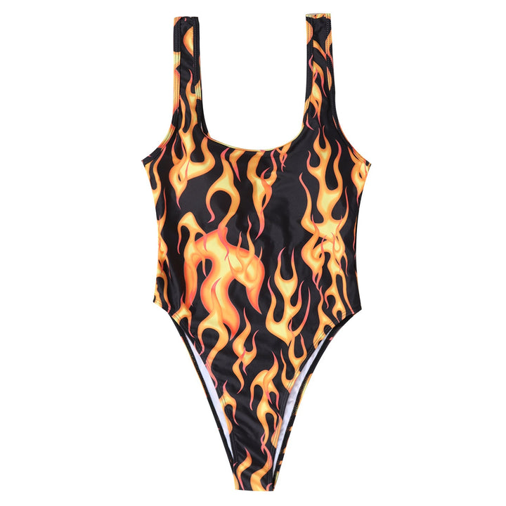 Women's one-piece swimsuit with exciting flame pattern and high leg cut