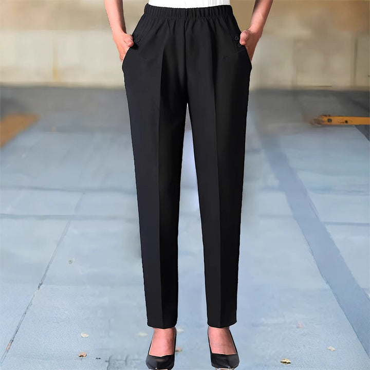 Pantaloni eleganti da donna a vita alta con dettagli decorativi a bottoni