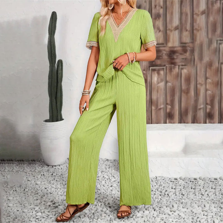 Elegante outfit da donna con decorazioni in pizzo – Top casual e pantaloni comodi per ogni occasione