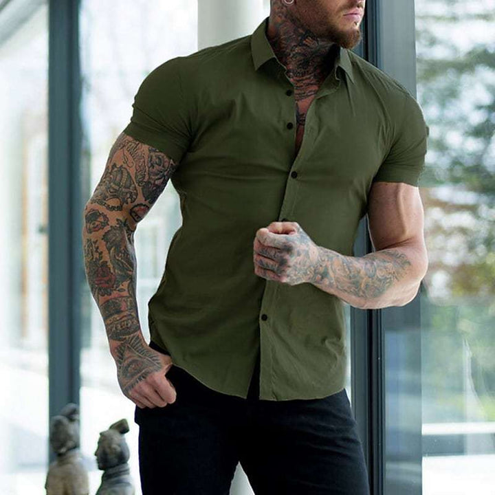 Men's Muscle Fit Short Sleeve Shirt with Stretch – Slim Fit Business Shirt for Fitness & Leisure