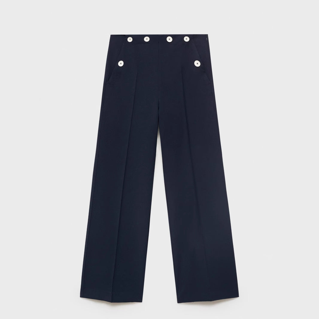 Pantaloni palazzo a vita alta da donna con bottoni decorativi