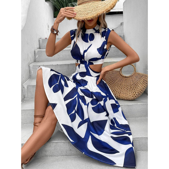 Abito midi da donna con dettagli cut-out e elegante stampa a foglie