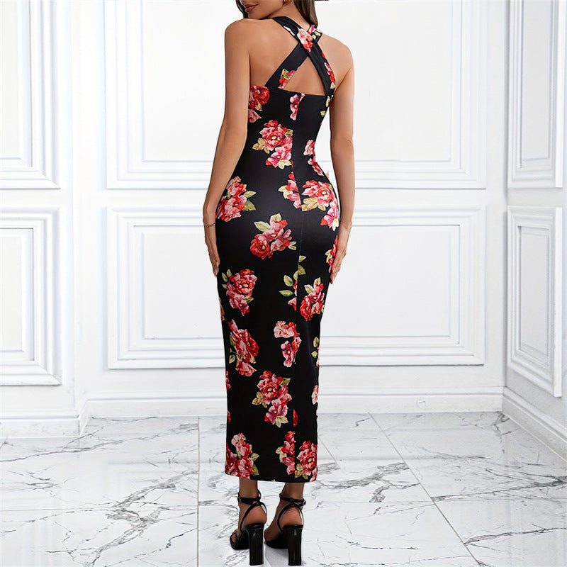 Damen Hochgeschlossenes Maxikleid mit floralem Muster und seitlichem Schlitz