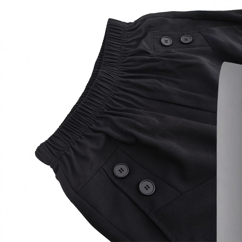 Pantaloni eleganti da donna a vita alta con dettagli decorativi a bottoni