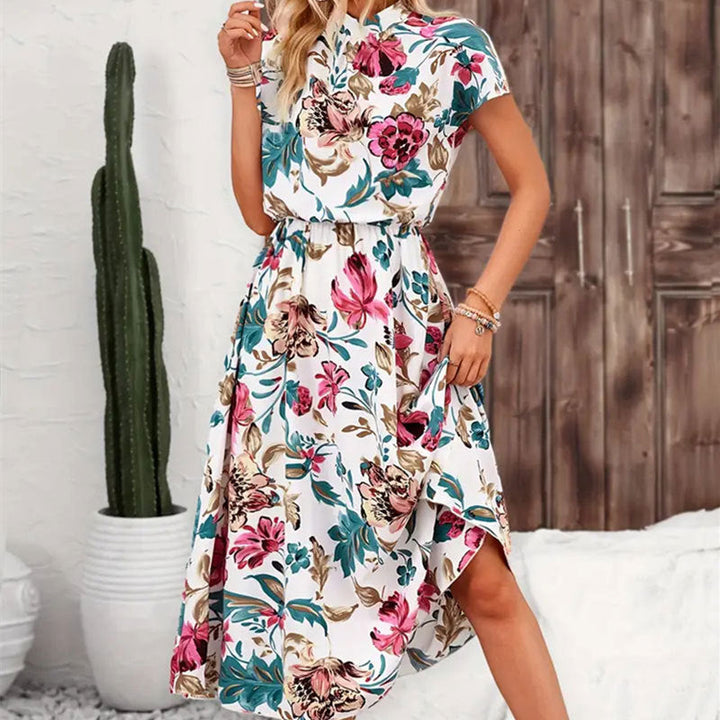Élégante robe midi florale pour femmes avec manches bouffantes – Polyvalente, féminine et confortable