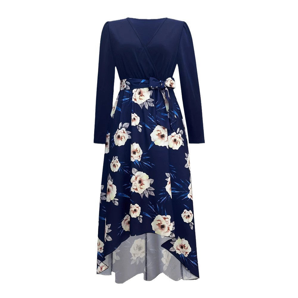 Abito lungo da donna con design moderno a incrocio e accenti floreali