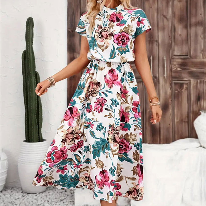 Élégante robe midi florale pour femmes avec manches bouffantes – Polyvalente, féminine et confortable