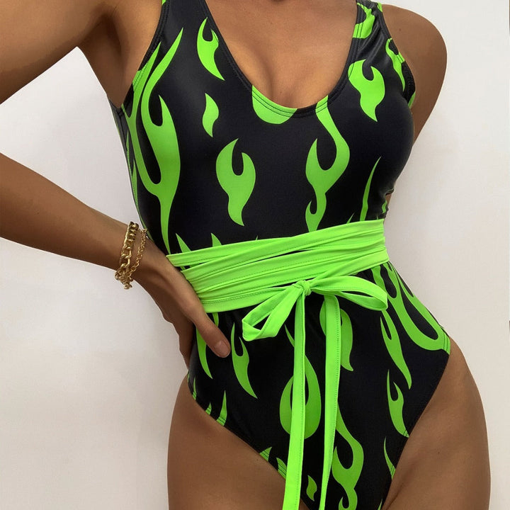Women's one-piece swimsuit with exciting flame pattern and high leg cut