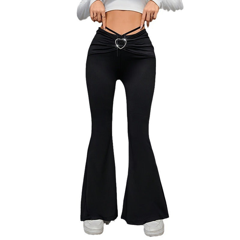 Pantaloni a vita alta svasati eleganti da donna con cintura decorativa a forma di cuore