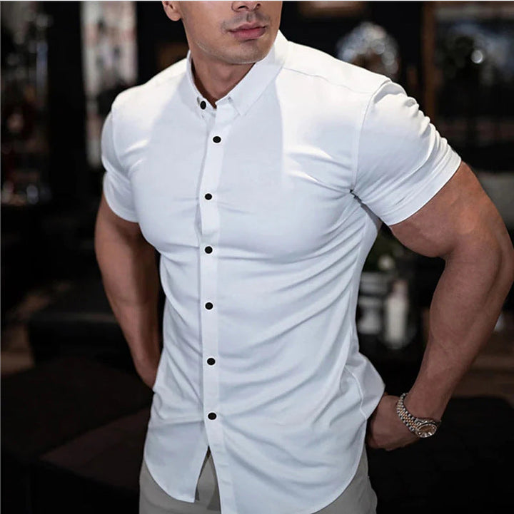 Men's Muscle Fit Short Sleeve Shirt with Stretch – Slim Fit Business Shirt for Fitness & Leisure