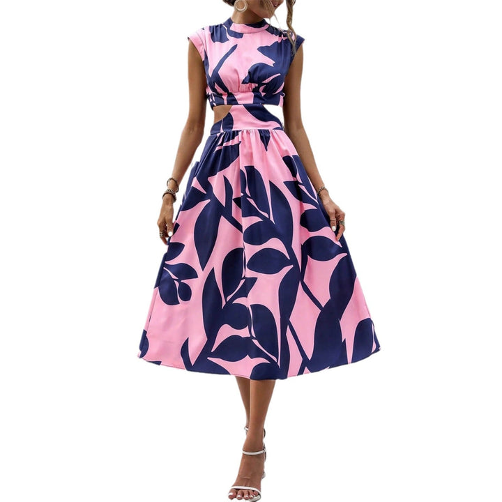 Abito midi da donna con dettagli cut-out e elegante stampa a foglie