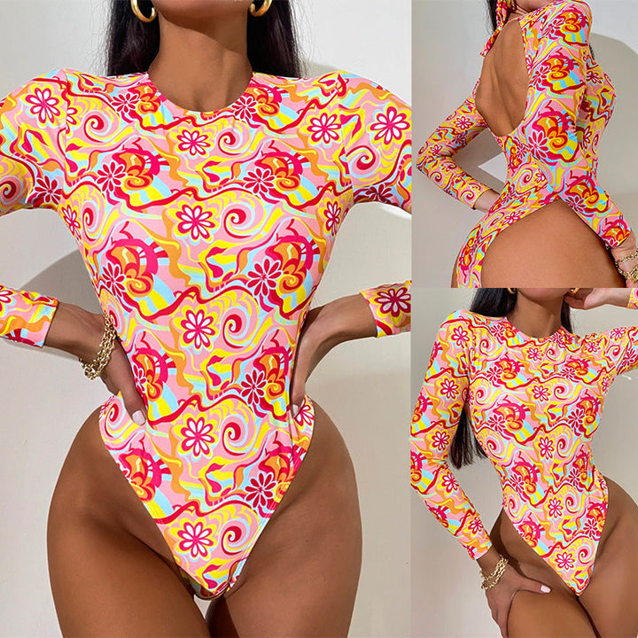 Costume da bagno da donna con manica lunga e motivo vivace