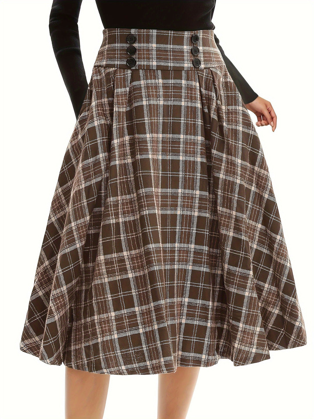 Gonna midi a quadri da donna con vita alta e bottoni decorativi